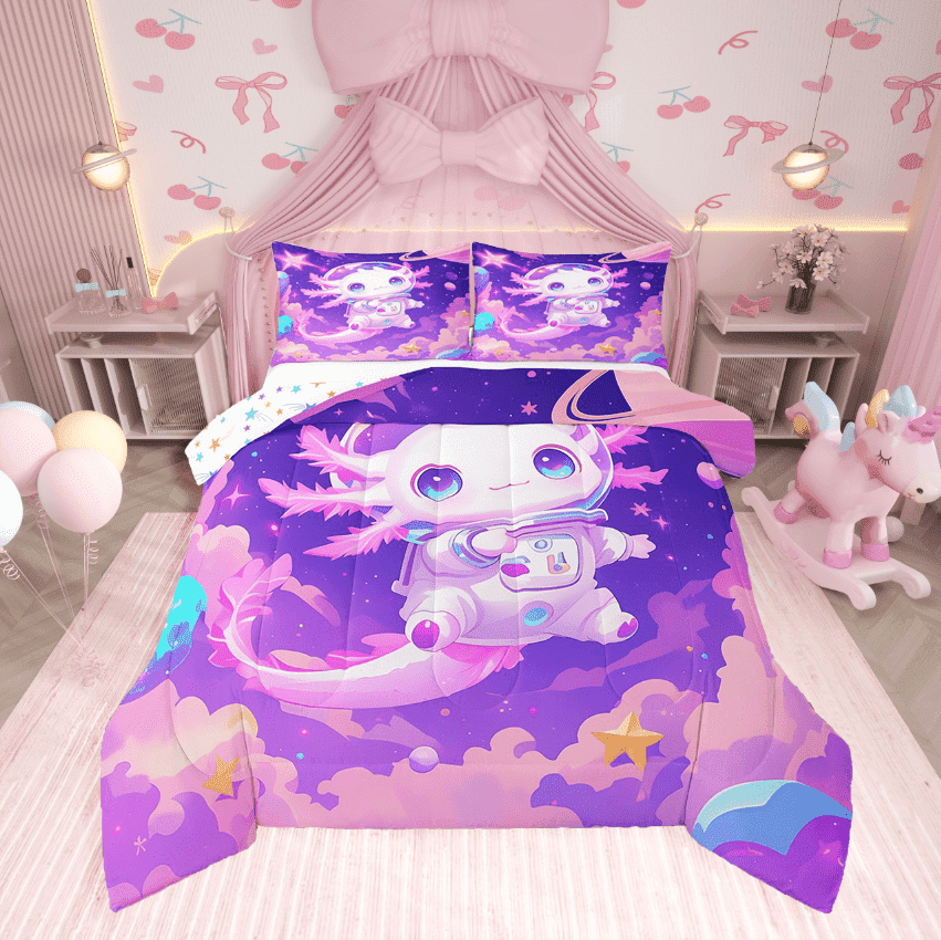 Erosebridal Cosmonaut Axolotl Bedding Twin Comforter Set,Kawaii Starss Down Comforter,Bedroom Decor,Reversible,2-Piece