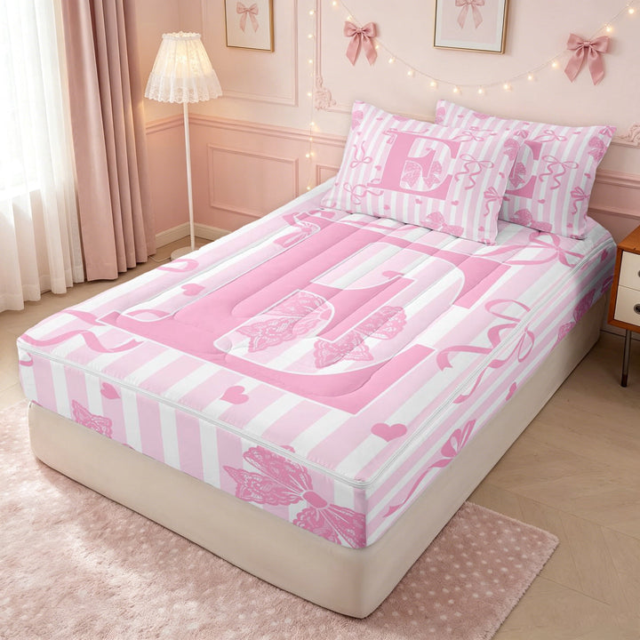 meiyoeat Kawaii Monogrammed E Zipper Twin Comforter Sets with Fitted Sheet and 2 Pillowcases for Girls, Pink Bowknot Stripe Line Zipper Bedding Set, Pink Reversible, 4pcs