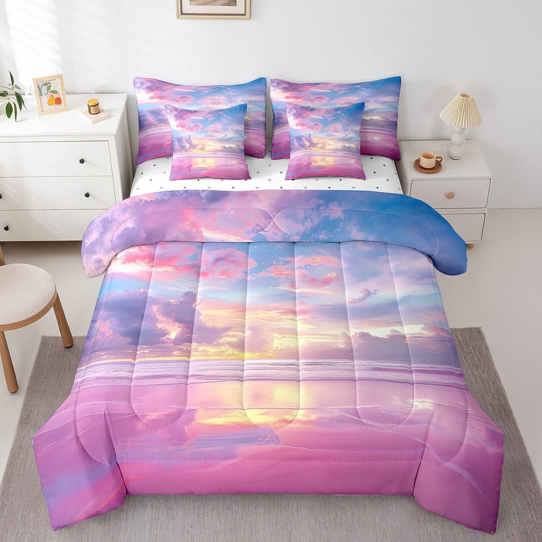 Beach Bed in a Bag King Size Comforter Set 7 Pieces,Rosy Clouds Hawaii Beach Bedding Sets Coastal Sunset Sunrise Sheet Set with Comforter