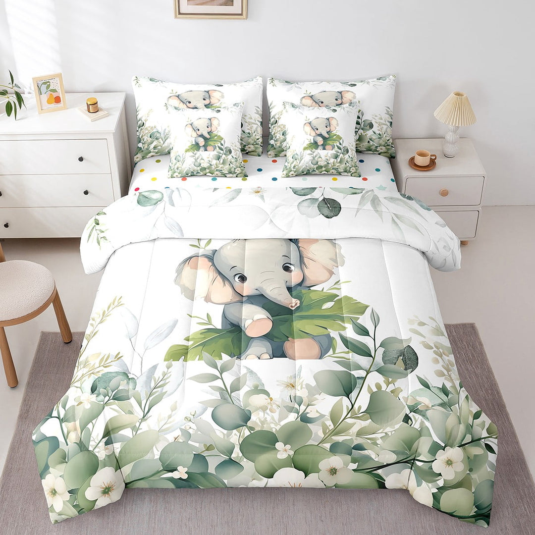 Cute Elephant Twin Comforter Set 7 Pieces Green Eucalyptus Bedding Comforter Sets, Woodland Animal Bed in a Bag Botanical Plant Leaves Bedding Set, Cartoon Wildlife Bed Sheets Set