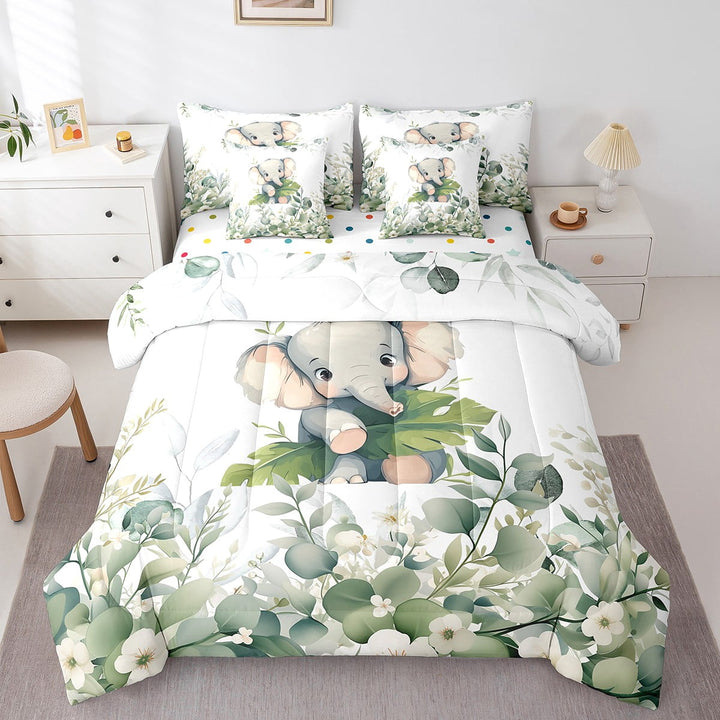 Cute Elephant Twin Comforter Set 7 Pieces Green Eucalyptus Bedding Comforter Sets, Woodland Animal Bed in a Bag Botanical Plant Leaves Bedding Set, Cartoon Wildlife Bed Sheets Set