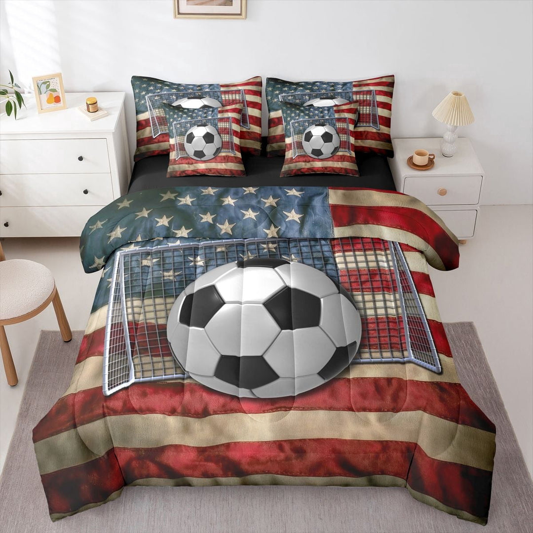 Erosebridal Teens Sport Soccer Gamer Twin Bedding Sets 7-Piece,Boys Abstract Ombre American Flag Bedding Comforter Set,Black Reversible