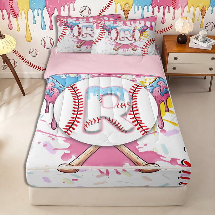 Meiyoeat Ice Cream Baseball Letter R Zipper Full Size Comforter Sets with Fitted Sheet and 2 Pillowcases for Girls Juniors, Fun Initial Zipper Bedding Set, Pink White Red,4pcs,Pink Reversible
