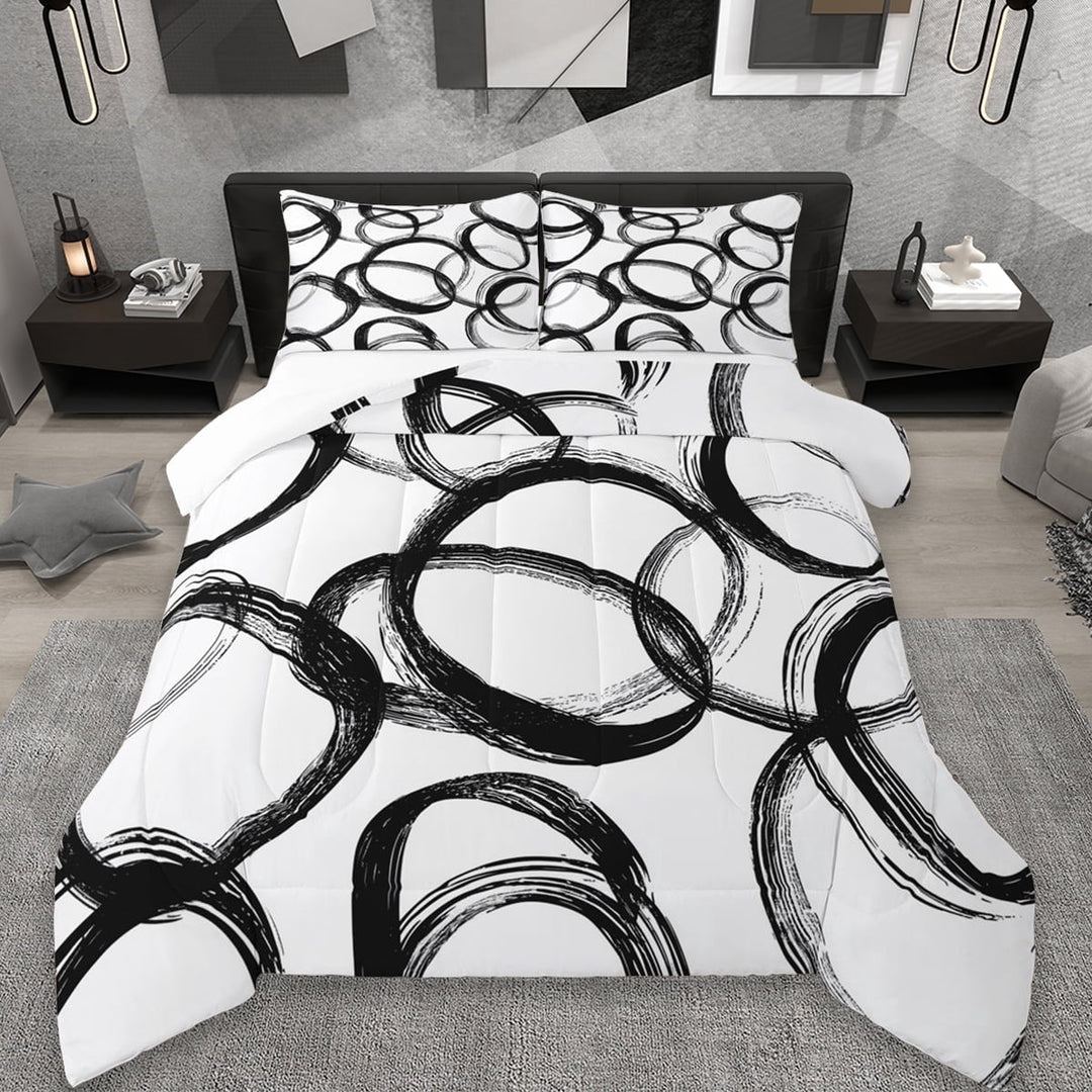 Erosebridal Geometric Circle Pattern Queen Comforter Set,Modern Stripe Neutral Art Bedding Comforter Set,White And Black 3-Piece