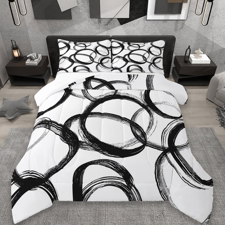 Erosebridal Geometric Circle Pattern Queen Comforter Set,Modern Stripe Neutral Art Bedding Comforter Set,White And Black 3-Piece