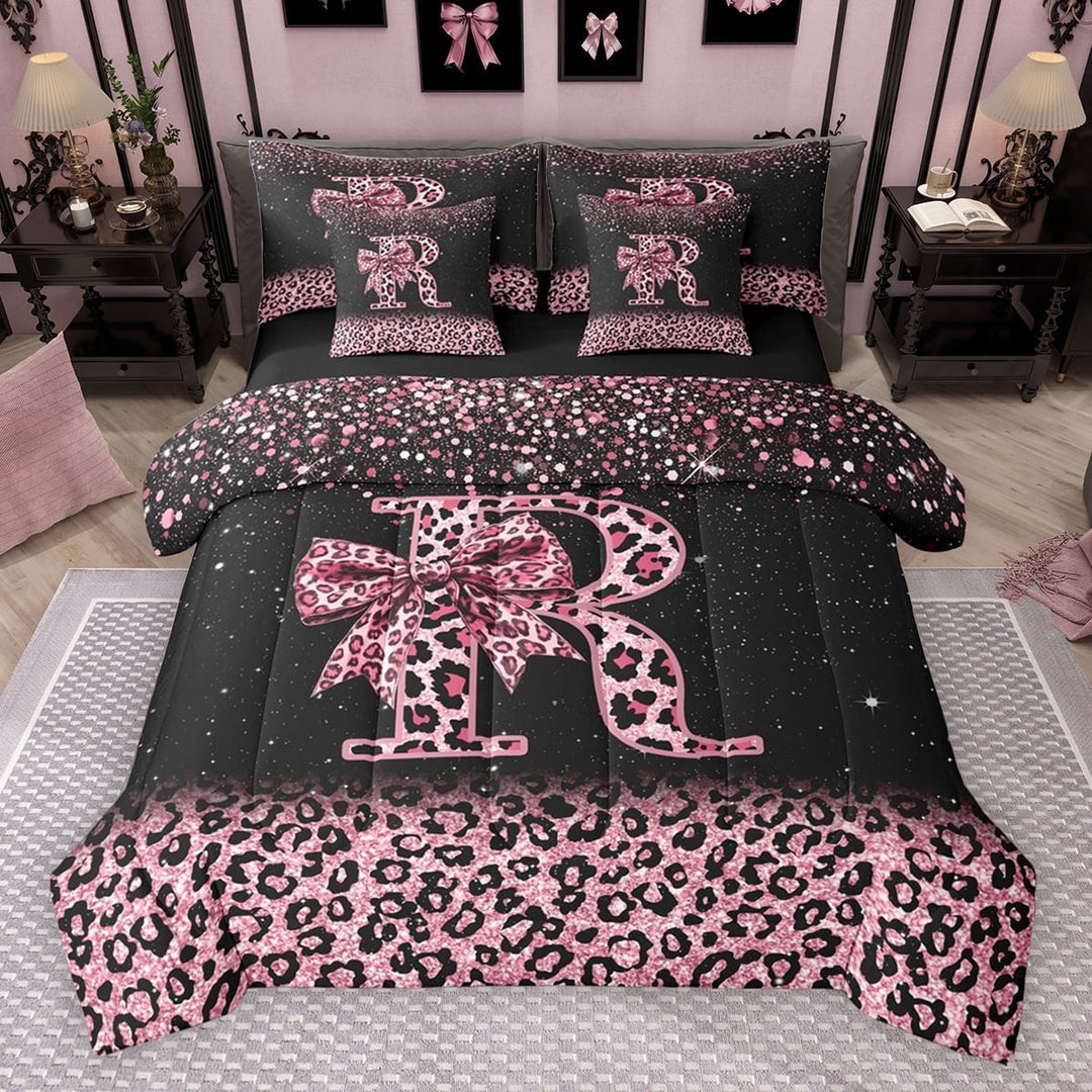 Erosebridal Cute Pink Leopard Print Twin Bedding Sets for Girls, Bowknot Letter R Bedding Comforter Set, Black Reversible 7 Pieces
