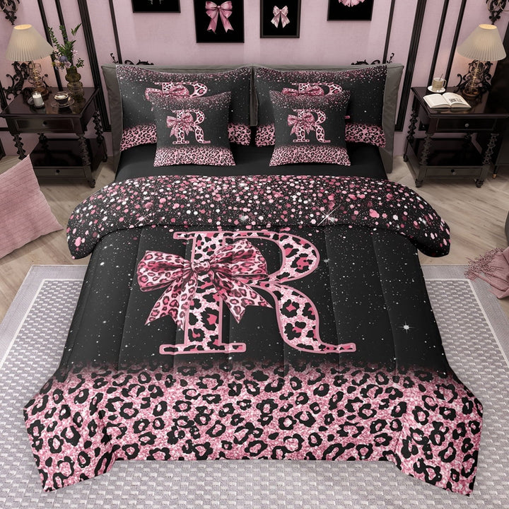 Erosebridal Cute Pink Leopard Print Twin Bedding Sets for Girls, Bowknot Letter R Bedding Comforter Set, Black Reversible 7 Pieces
