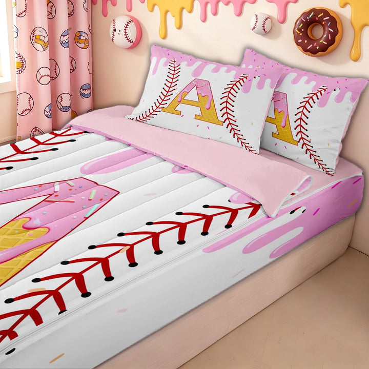 meiyoeat Waffle Monogrammed A Zipper Twin Comforter Sets with Fitted Sheet and 2 Pillowcases for Boys, Ice Cream Baseball Zipper Bedding Set, Pink Yellow, Pink Reversible, 4 Pieces