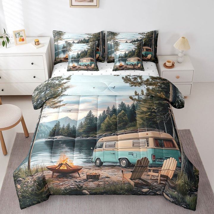 Happy Campimng 7 Pieces Bed In A Bag Rustic Farmhouse Decor King Comforter,Camper Lake View Bedding Set,Country Farm Fitted Sheet Teens