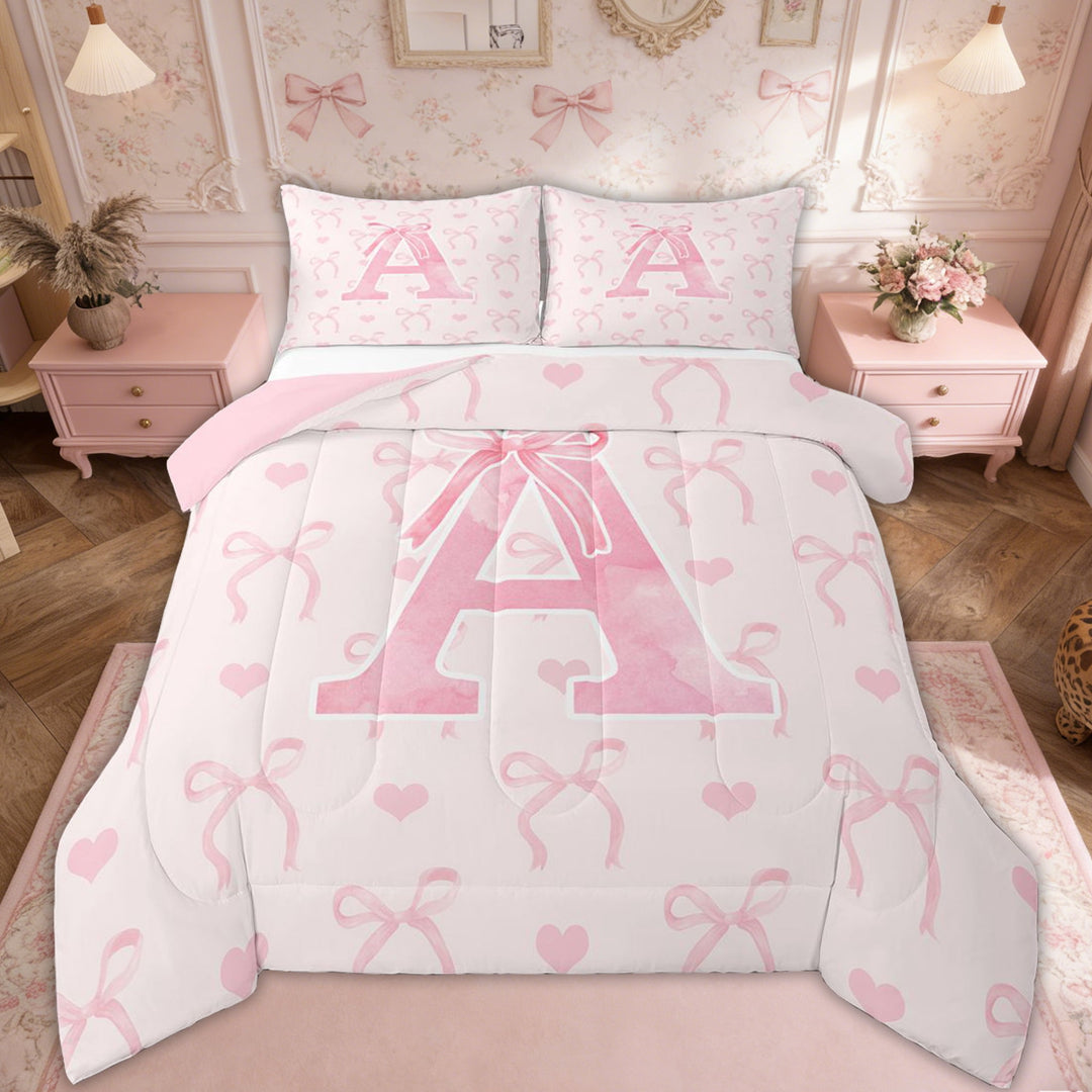 Erosebridal Initial A Letter Bedding Full Comforter Set, Cute Bowknot Down Comforter, Dreamy Princess Decor, Reversible 3pcs