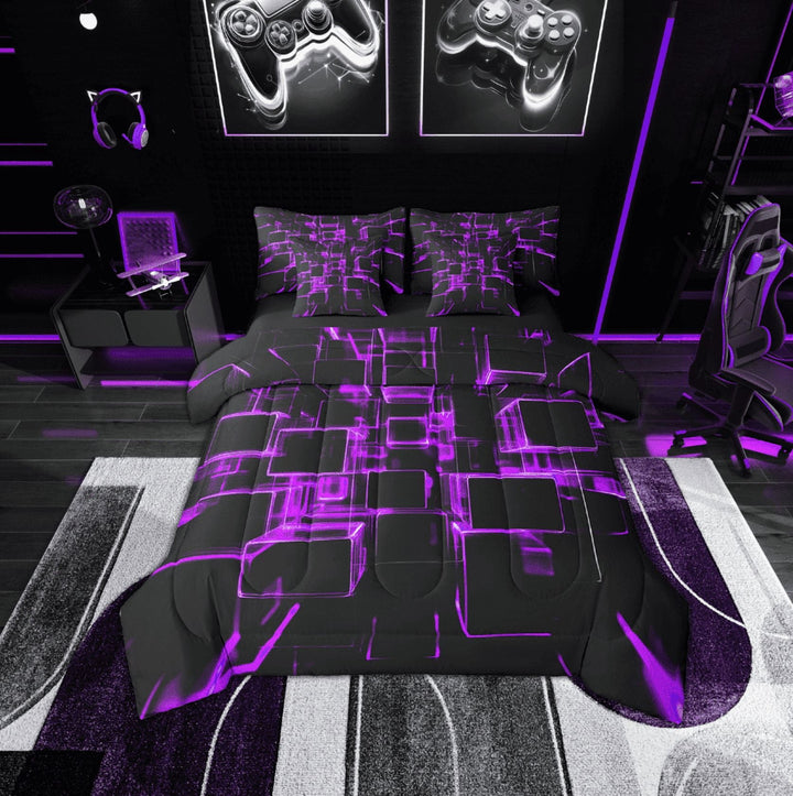 Erosebridal Purple Plaid Bedding Sets Twin Size,Futuristic Cubes Comforter Sets with Sheets,Breathable Reversible Bed in a Bag Twin size,Buffalo Decoration,7pcs