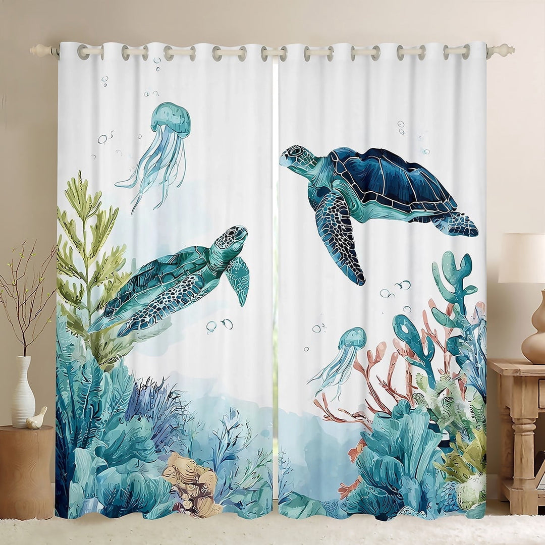 jejeloiu Ocean Turtle Jellyfish Black Out Curtains,Sea Aniaml Curtains Pack of 2 (42x63 Each),Watercolor Coral Bedroom Curtains For Boys Kids,Microfiber Bedroom Decor