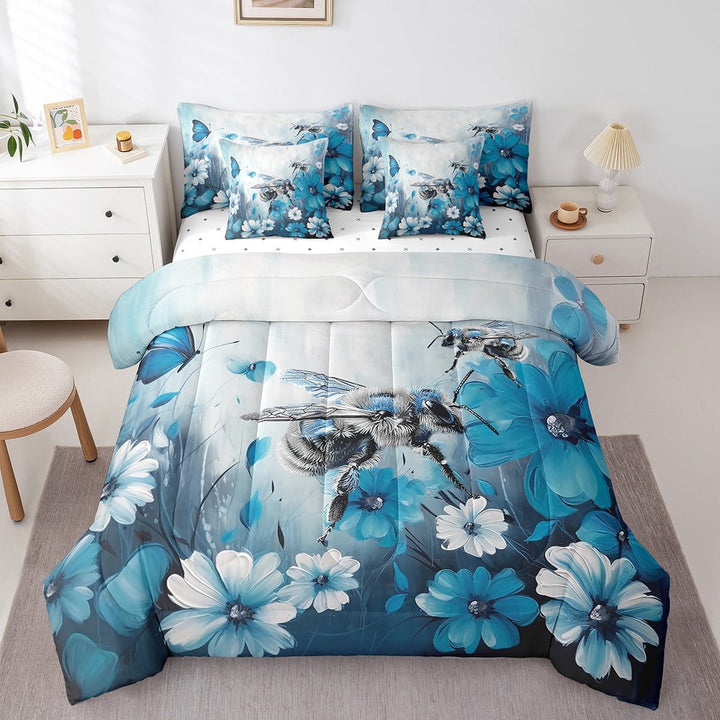 Bee 7 Piece Comforter Set Full Daisy Flowers Bedding Sets,Light Blue Ombre Oil Painting Floral Sheet Set with Comforter Graffiti Art Honeybee Butterfly Bohemian Decor