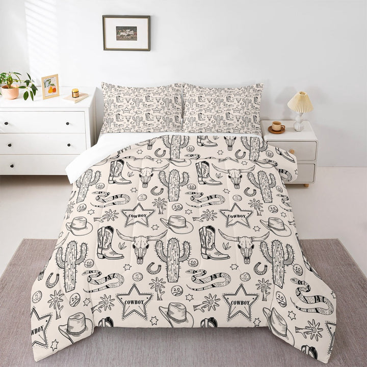 YST Western Cowboy Kids Comforter Set Toddler Size,Cow Skull Horseshoe Cactus Rustic Bedding Set,Adults Bedroom Decor,Cowboy Boot Hat Farmhouse Down Comforter,Retro Duvet Insert