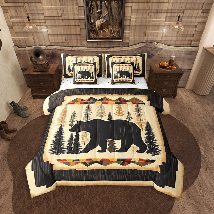 Rustic Black Bear Bedding Set,Hunting Animal Bed In A Bag With Sheets Wildlife Farmhouse Cabin Twin Comforter Set 7 Piece,Country Vintage Pine Trees Bed Set Brown