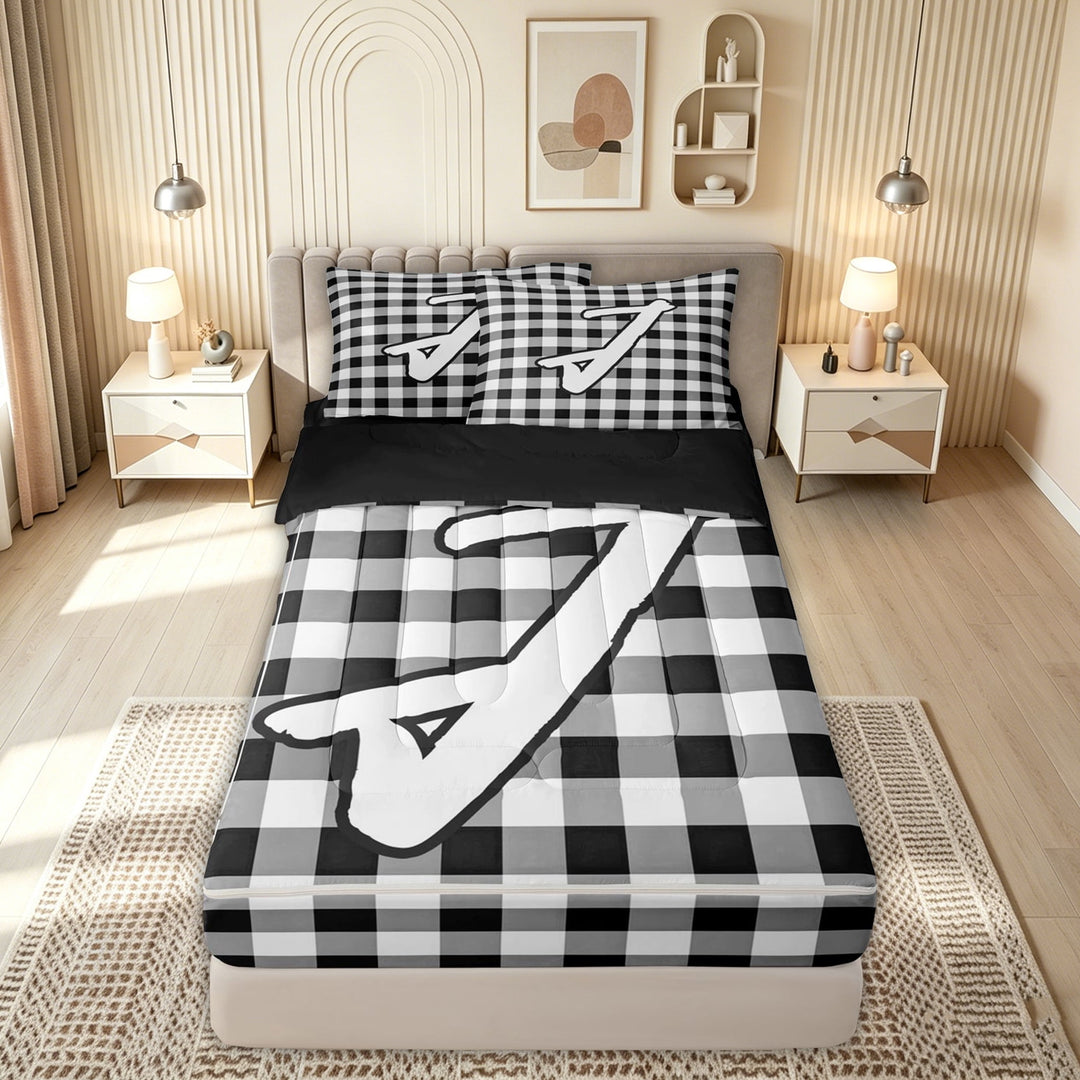 meiyoeat Graffiti Letter J Zipper Comforter Set with Fitted Sheet and 2 Pillowcases, Checkered Grid Zipper Bedding Set for Kids Boys Girls, Black White, Black Reversible, 3 Pieces