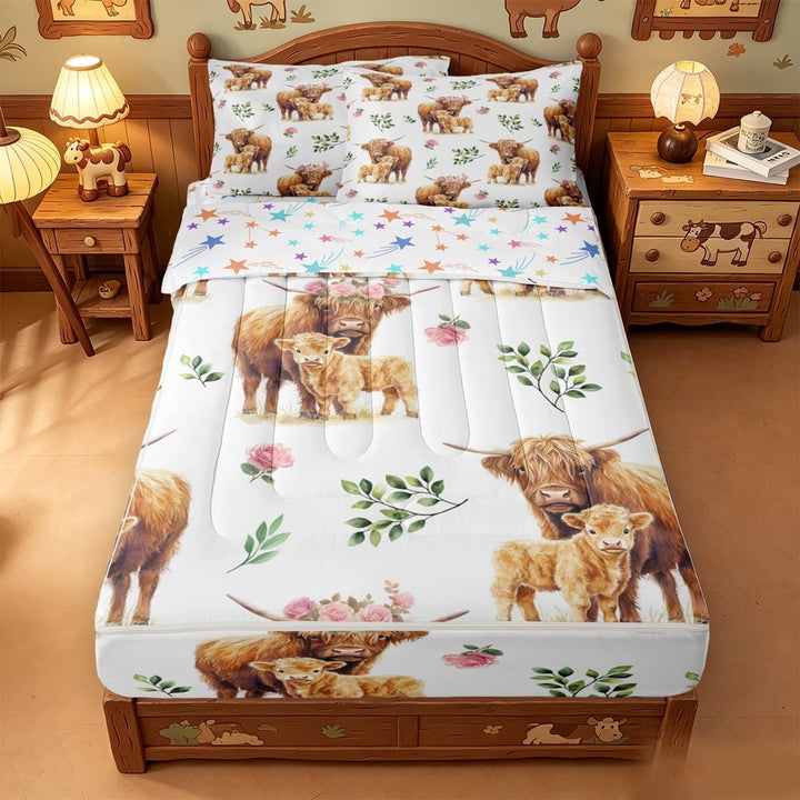 meiyoeat Rustic Brown Cattle Zipper Full Size Comforter Sets with Fitted Sheet and 2 Pillowcases,Farm Animal Highland Cow Zipper Bedding Set For Girl,Colorful Stars Reversible,4 Pieces