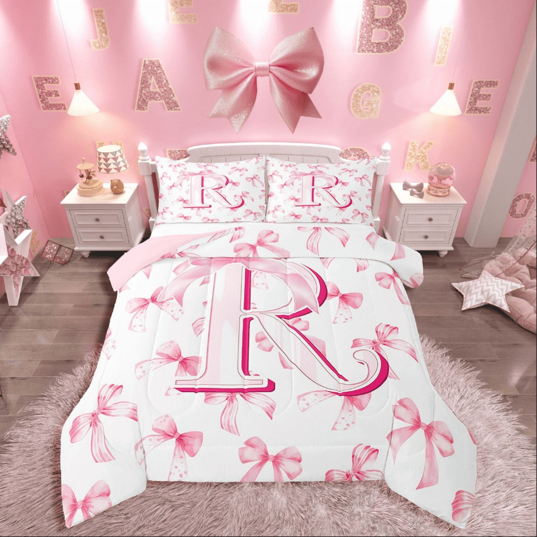 Manfei Bow Alphabet 3-Piece Full Comforter Set,Pink White,Lightweight Dreamy Bedding