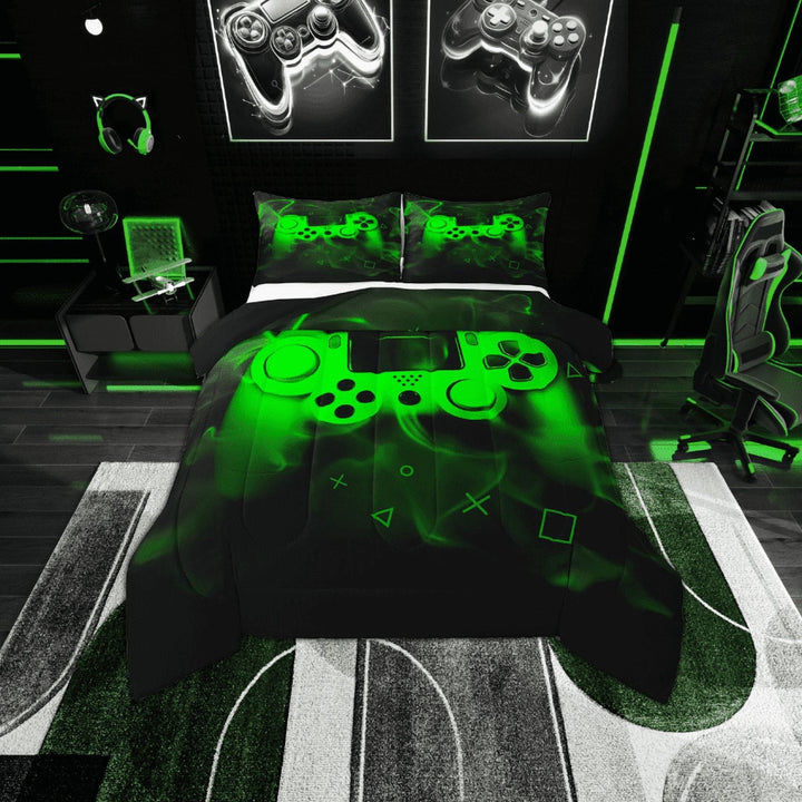 Erosebridal Gaming Twin Size Bedding Set Gamer Comforter Sets For Teen Game Controller Bedroom Decor,Neon Teal Glowing Geometric Grid Bedding,Black Abstract Check Square Comforter