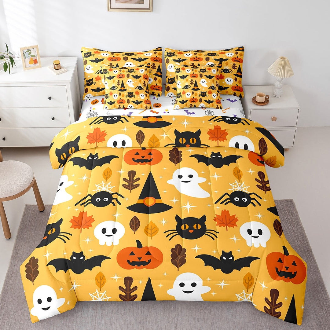 Bats Halloween Decoration Comforter Set 7 Piece Bed in a Bag Twin,Ghost Spider Bedding Sets Gothic Black Cat Witch Hat Pumpkin Sheet Set with Comforter,Yellow