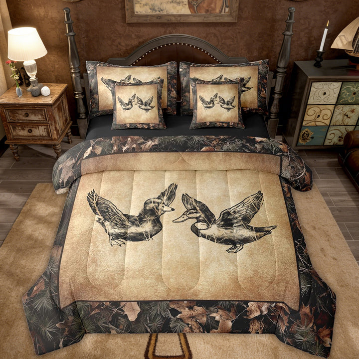 Hunting Duck Comforter Set Full 7 Piece Tree Branch Camo Mallard Duck Bedding Set,Rustic Farmhouse Cabin Bed In A Bag Men,Camouflage Wildlife Animal Sheet Set With Comforter