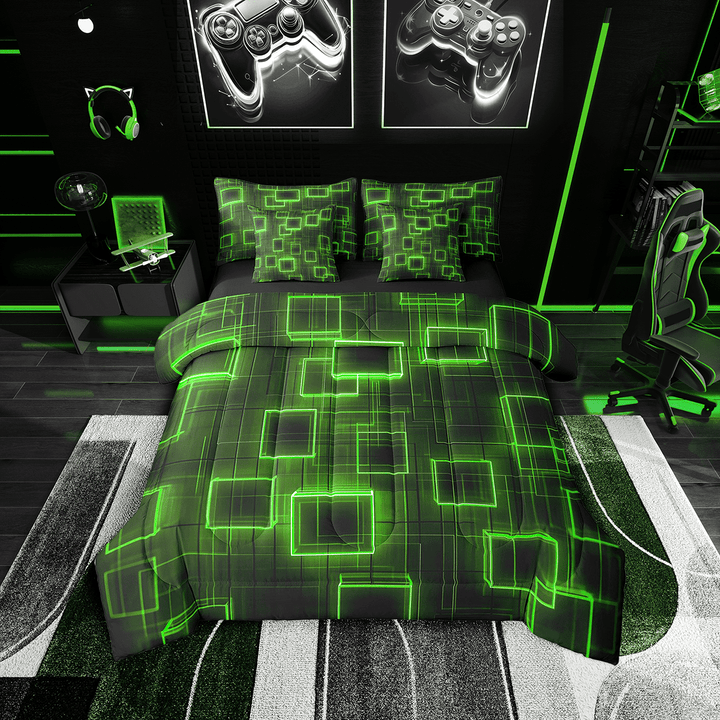 Green Black Geometric Comforter 7 Pieces,Geometry Bedding Set Grid Lines Sheet Set,Modern Gradient Cubes Flat Sheet Twin Size Teens Room Decor