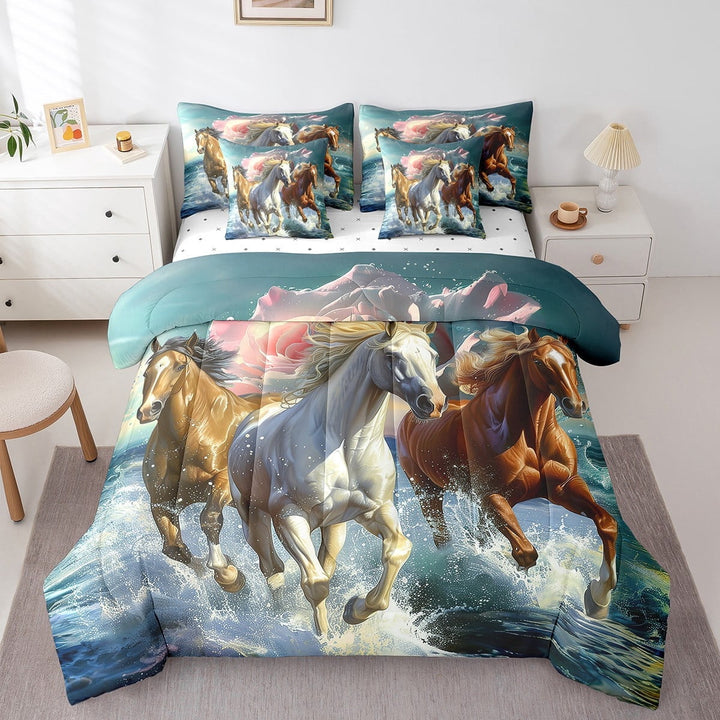 Horse Bedding Comforter Sets 7Pcs Galloping Horse Bed In A Bag ,Wild Animal Twin Bedding Sets Pink Floral Sheet Set With Comforter Wildlife Themed Bed Set Teal Room Decorative