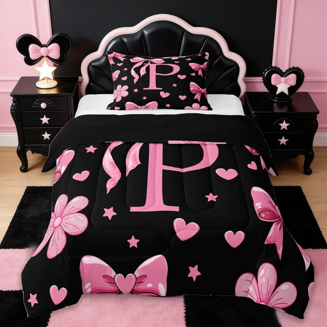 Erosebridal Personalized Initial Gifts Twin Comforter Sets For Girls Kids,Pink Bowtie Alphabet P Bedding Set,Reversible black,2pcs