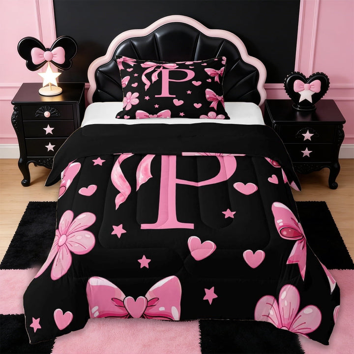 Erosebridal Personalized Initial Gifts Twin Comforter Sets For Girls Kids,Pink Bowtie Alphabet P Bedding Set,Reversible black,2pcs