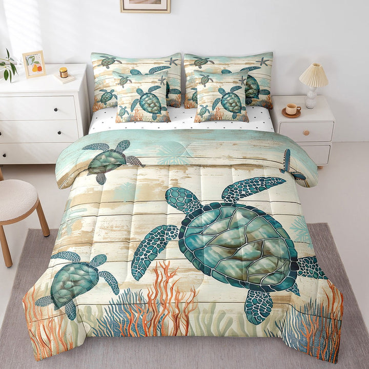 Ocean Sea Turtle Bed in a Bag King Size Comforter Set 7 Pieces,Under Sea Coral Coastal Creature Bedding Sets Nautical Sea Animal Sheet Set with Comforter