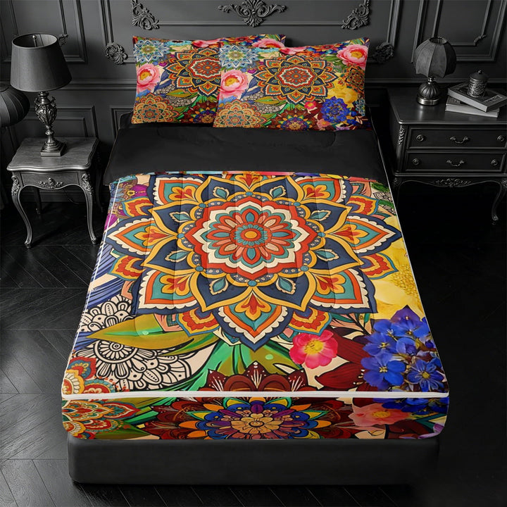 meiyoeat bohemian Mandala Zipper Full Size Comforter Sets with Fitted Sheet and 2 Pillowcases,Colorful Boho Flowers Pattern Zipper Bedding Set,Black Reversible,4-Piece