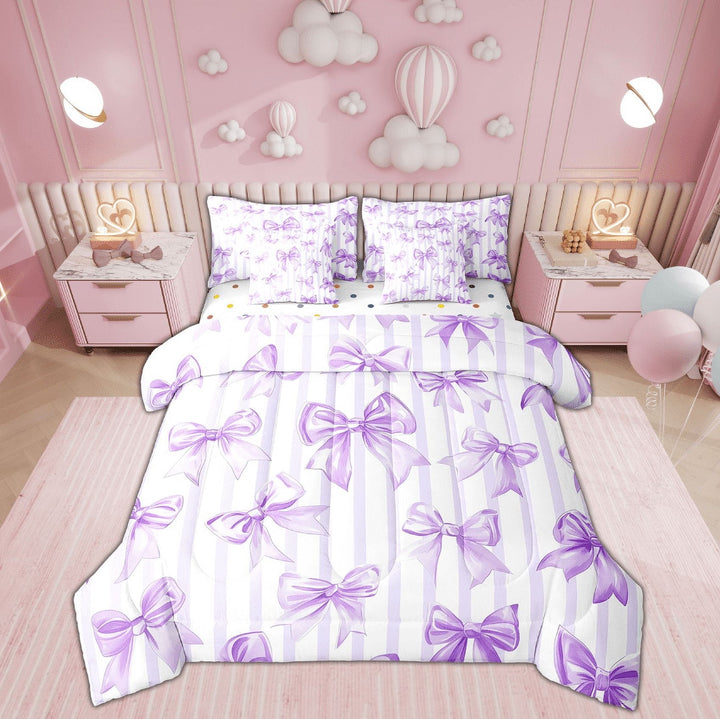 Erosebridal Dreamy Bow Bedding Twin Size , Princess Bowknot Duvet Set, Stripe Decorative, Reversible 7-Piece