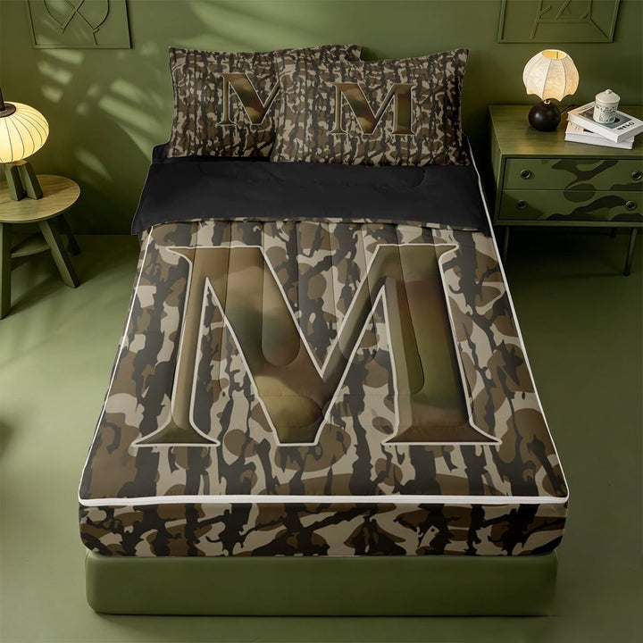meiyoeat Rustic Hunting Camo Zipper Full Size Comforter Sets with Fitted Sheet and 2 Pillowcases For Boys,Green Initial Letter M Zipper Bedding Set For Men,Black Reversible,4-Piece