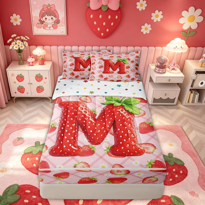 meiyoeat Strawberry M Initial Zipper Twin Comforter Sets with Fitted Sheet and 2 Pillowcases for Girls, Fruit Flower Zipper Bedding Set, Red Pink, Polkadot Reversible, 4-Piece