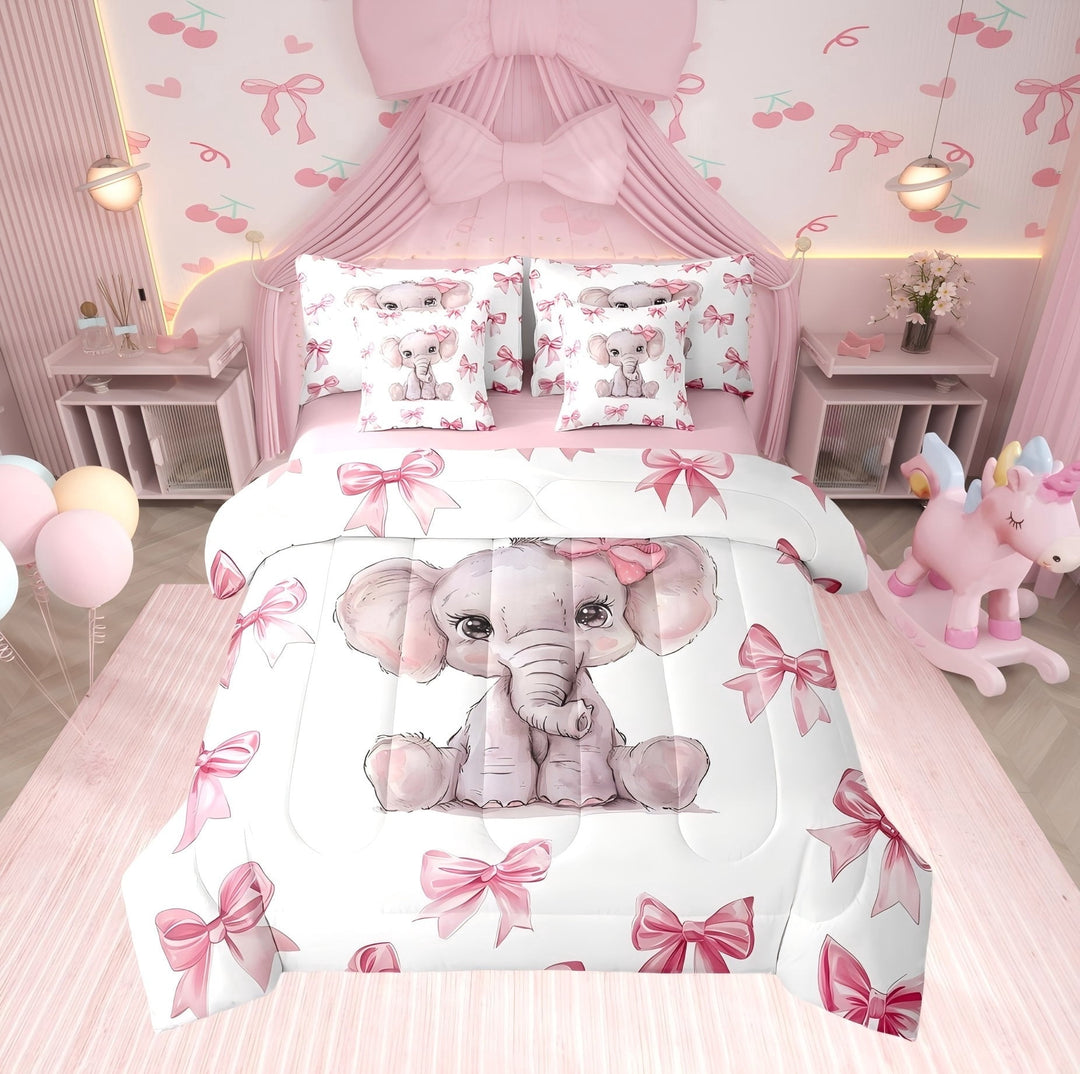 Erosebridal Cute Elephant Comforter Sets Twin Size, Pink Bow Comforters &amp; Duvets, Cartoon Animal Room Decor, Reversible 7pcs