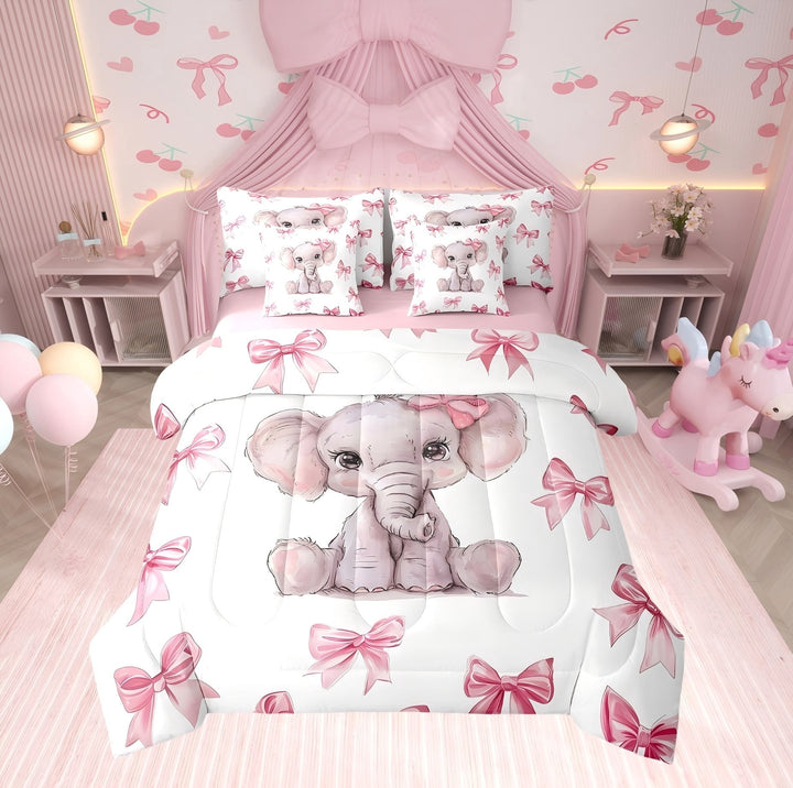 Erosebridal Cute Elephant Comforter Sets Twin Size, Pink Bow Comforters &amp; Duvets, Cartoon Animal Room Decor, Reversible 7pcs