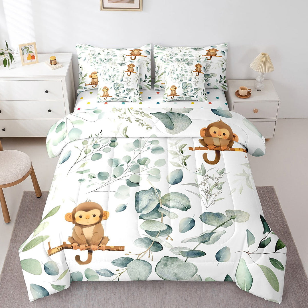 7-Piece Cartoon Animal Bedding Twin Kawaii Monkey Comforter Set, Spring Bedding Comforter Sets Woodland Wildlife Bed in a Bag, Botanical Green Eucalyptus Bedding Accessories