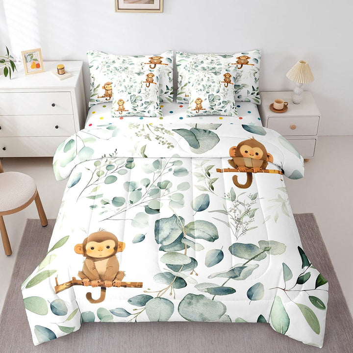 7-Piece Cartoon Animal Bedding Twin Kawaii Monkey Comforter Set, Spring Bedding Comforter Sets Woodland Wildlife Bed in a Bag, Botanical Green Eucalyptus Bedding Accessories