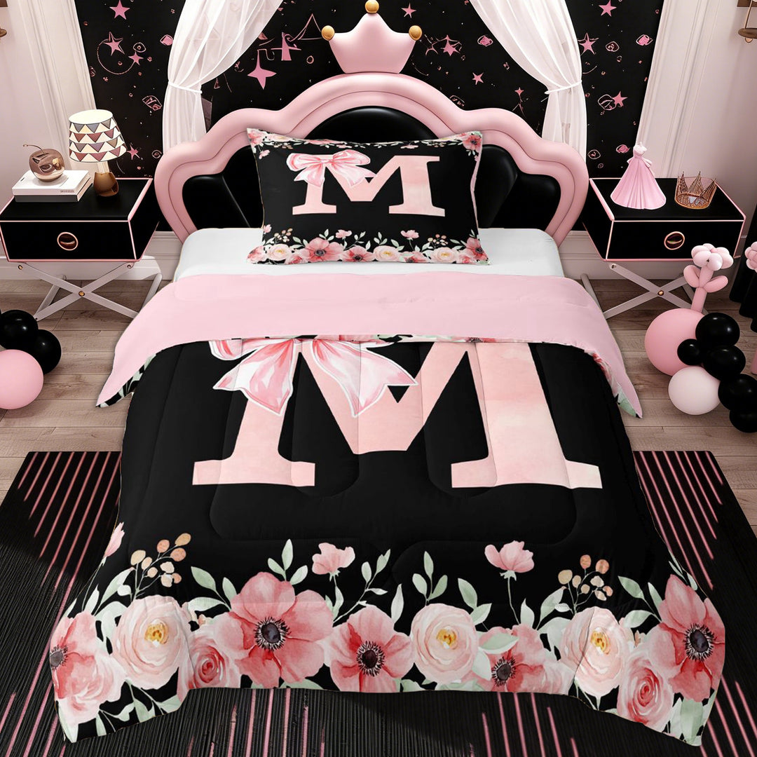 Erosebridal Bow Monogrammed M Girls Twin Comforter Sets, Pink Flower Bedding Set, 2 Pieces