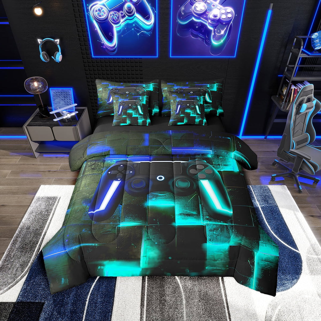 Video Game Gamepad Bedding Comforter Sets 7pcs for Teens Abstract Neon Square Bed in a Bag Gamer Gaming Twin Bedding Sets Black Blue Teal Comforter Set, Geometric Glowing Checkered Bedding Sets