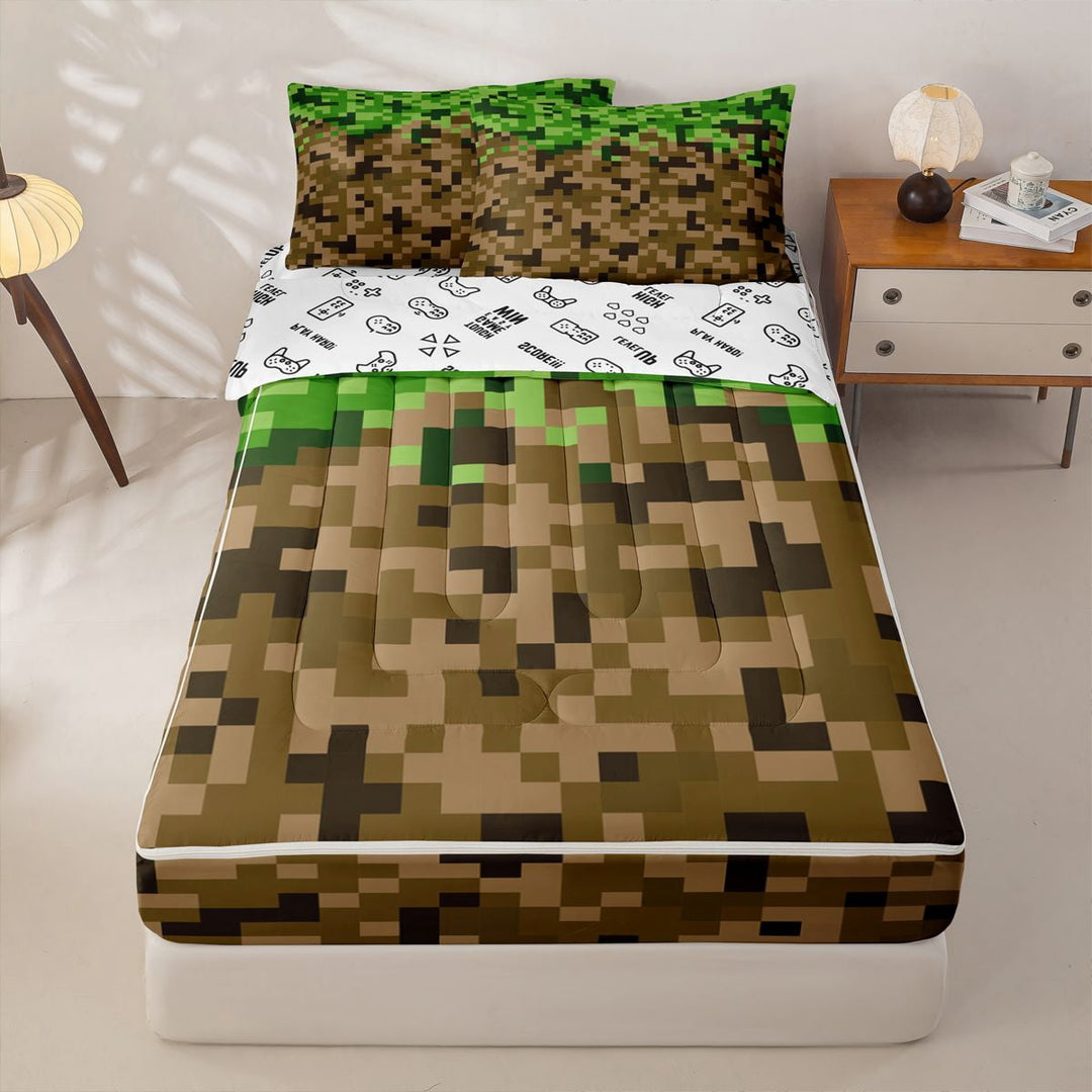 meiyoeat Pixel Game Print Zipper Full Size Comforter Sets with Fitted Sheet and 2 Pillowcases for Kids Boys, Green Brown Grass Block Zipper Bedding Set, Gamepad ReversibleB