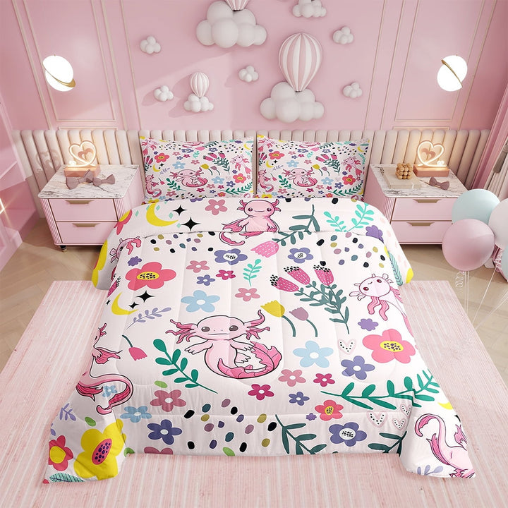 Floral Axolotl Comforter Full Size,Pink Axolotl Comforter Set Teens ,Coastal Reptile Bedding Set Printed Comforter with 2 Pillowcases,Down Alternative,(Pink，Full Size)