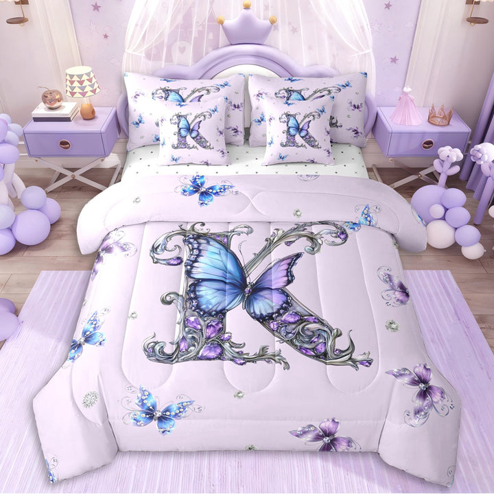 Erosebridal Letter K Monogrammed Vintage Flowers Twin Bedding Sets 7-Piece For Kids Girls,Teens Princess Elegant Flying Butterflies Bedding Comforter Set,Breathable Home Decor
