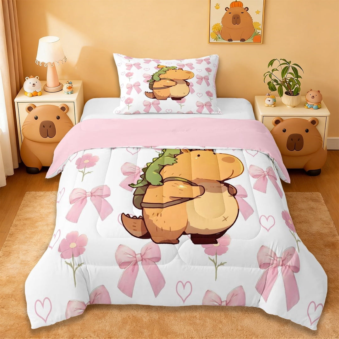 Erosebridal Cute Animal Capybara Twin Comforter Sets For Capybara Lover,Cartoon Bowtie Green Crocodile Bedding Set For Girls Kids ,Reversible Pink 2 Pieces