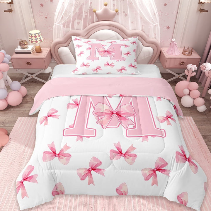 Erosebridal Aesthetic Coquette Bowknot Twin Comforter Sets,Letter M Monogrammed Bedding Set For Girls Kids, Reversible 2-Piece