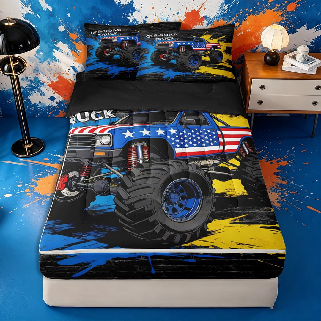 meiyoeat Graffiti Monster Truck Zipper Twin Comforter Sets with Fitted Sheet and 2 Pillowcases for Teens,American Flag Print Zipper Bedding Set,Red Blue,Reversible