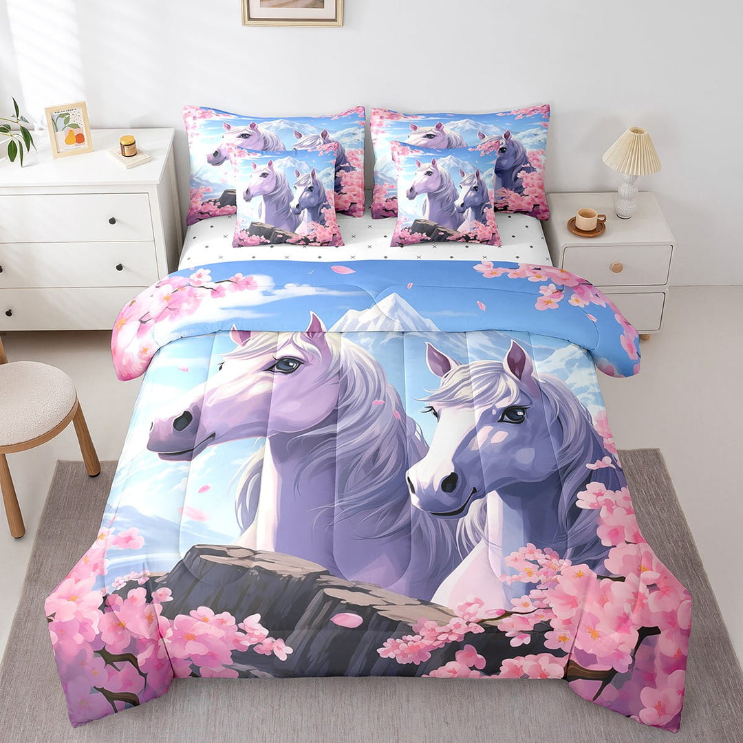 7Pcs Horse Comforter Set With Sheets Galloping Horse Comforter Twin,White Horse Cherry Blossom Comforter Set Bed In A Bag(1 Comforter,1 Flat Sheet 1 Fitted Sheet 2 Pillowcases 2 Throw Pillow Covers)