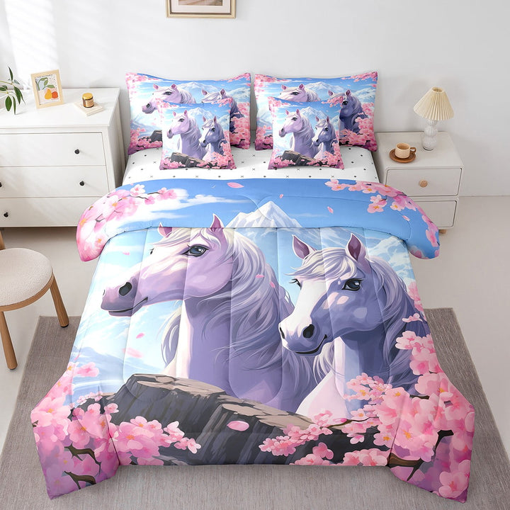 7Pcs Horse Comforter Set With Sheets Galloping Horse Comforter Twin,White Horse Cherry Blossom Comforter Set Bed In A Bag(1 Comforter,1 Flat Sheet 1 Fitted Sheet 2 Pillowcases 2 Throw Pillow Covers)