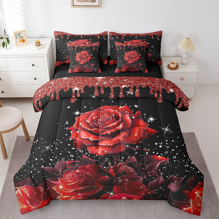 Red Rose 7 Piece Comforter Set Full Bed in a Bag,Glitter Galaxy Bedding Set Sequins Fluid Art Sheet Set with Comforter Abstract Ombre Print Bed Set,Garden Flowers Boho Floral Bohemian Decor