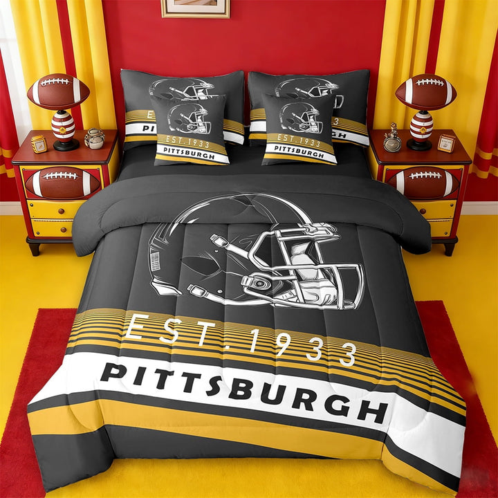 Erosebridal Pittsburghp Bedding Sets Twin Size,yellow Stripes Comforter Sets with Sheets,Rugby Helmet Bed in a Bag Twin Size,Stylish Living Room Decoration Reversible,7-Piece